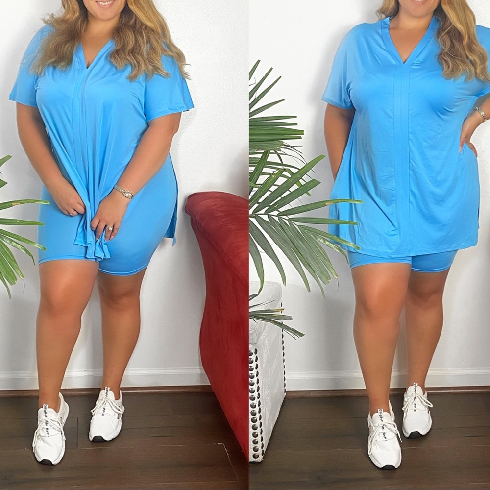 Women’s Blue Side Split Biker Short Set